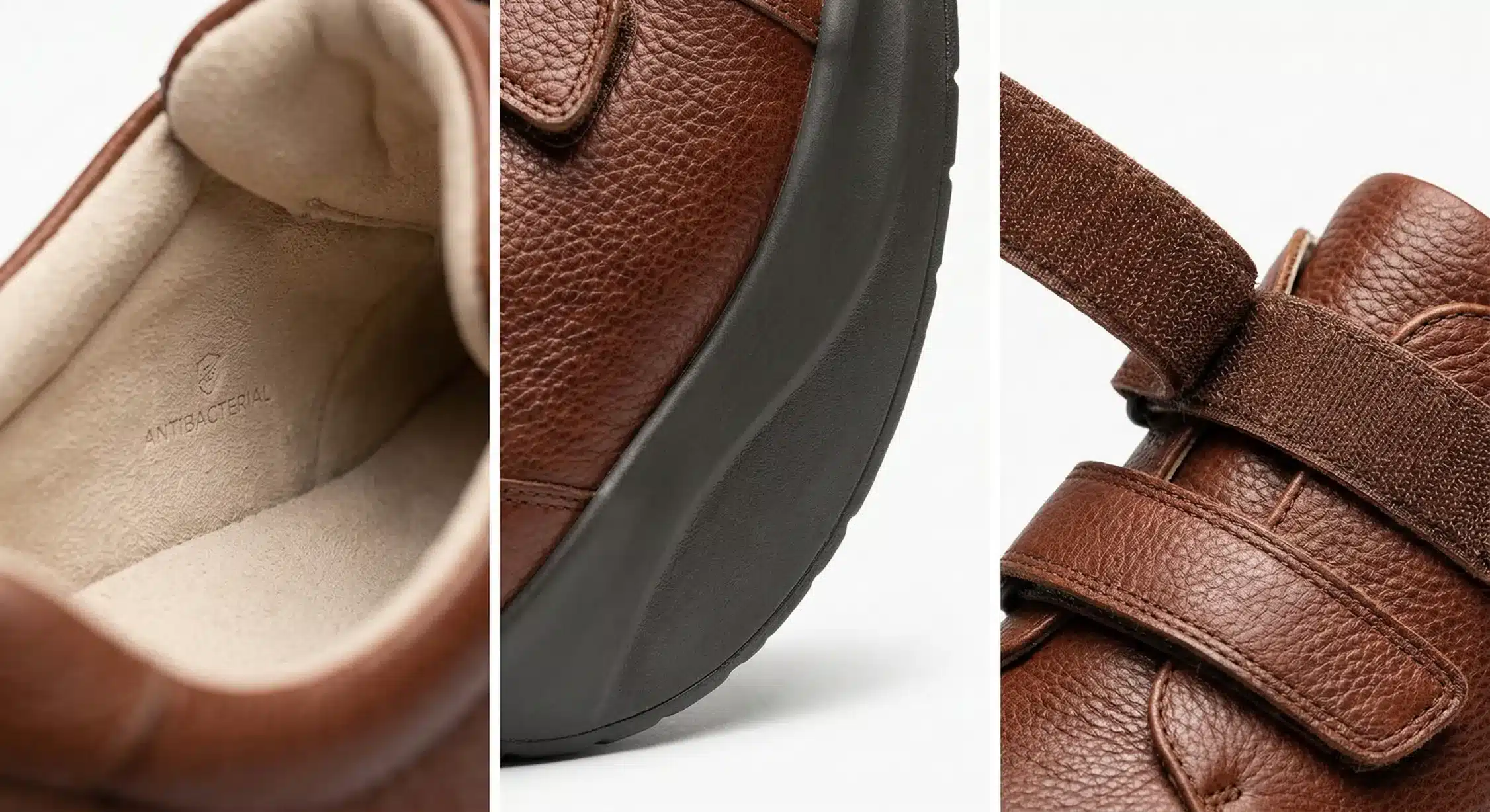 Close-up of custom orthopedic shoe features showing seamless lining, rocker sole, and adjustable closure