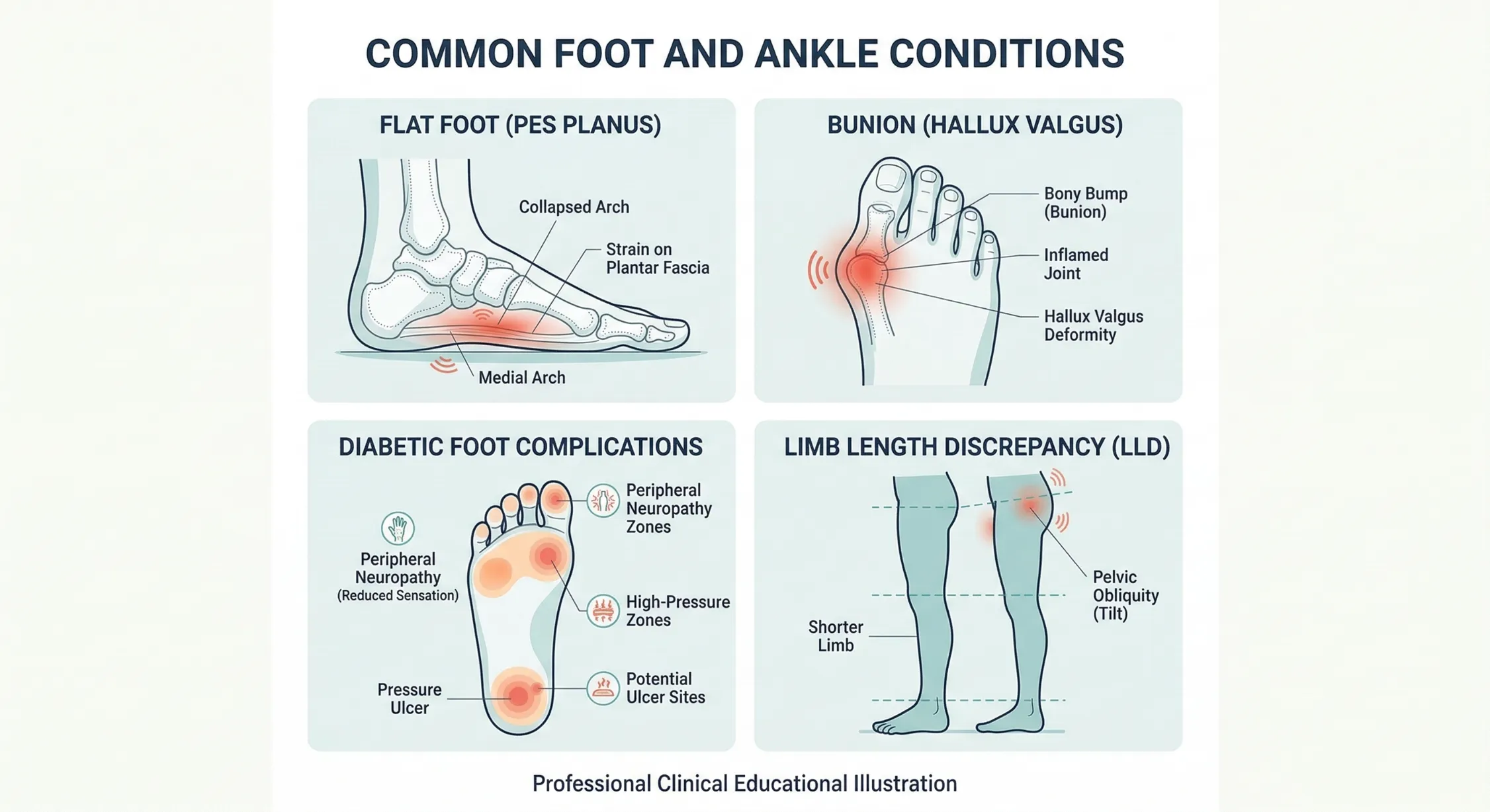 Illustration of common foot conditions including flat feet, bunions, diabetic foot, and limb length discrepancy