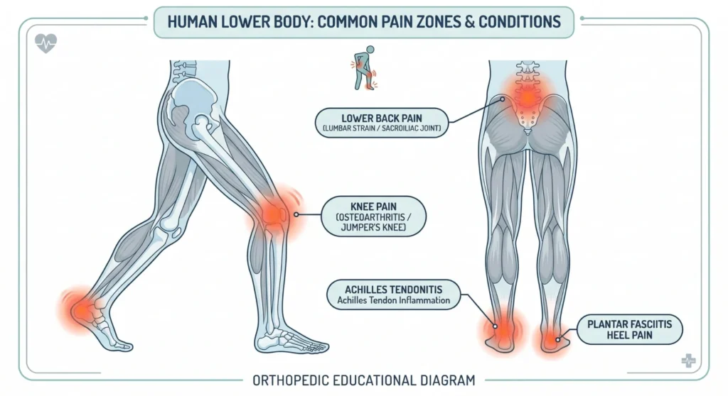 Illustration showing common knee pain conditions including osteoarthritis and patellar pain