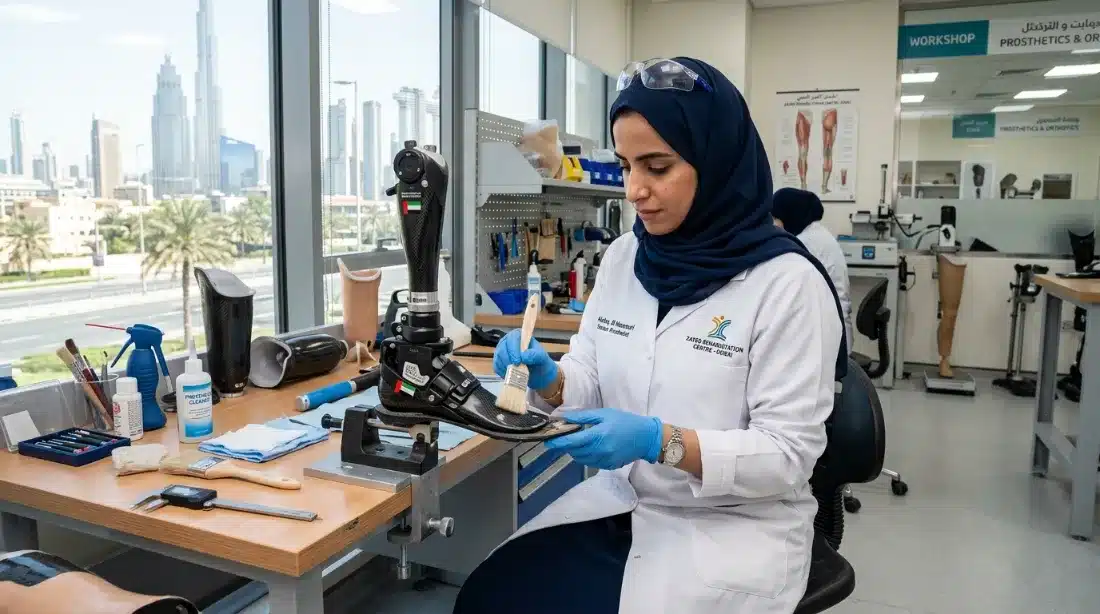 Prosthetist inspecting and cleaning a 202605181830
