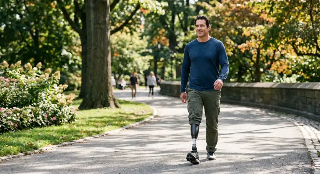 Man walking outdoors with a below knee prosthesis
