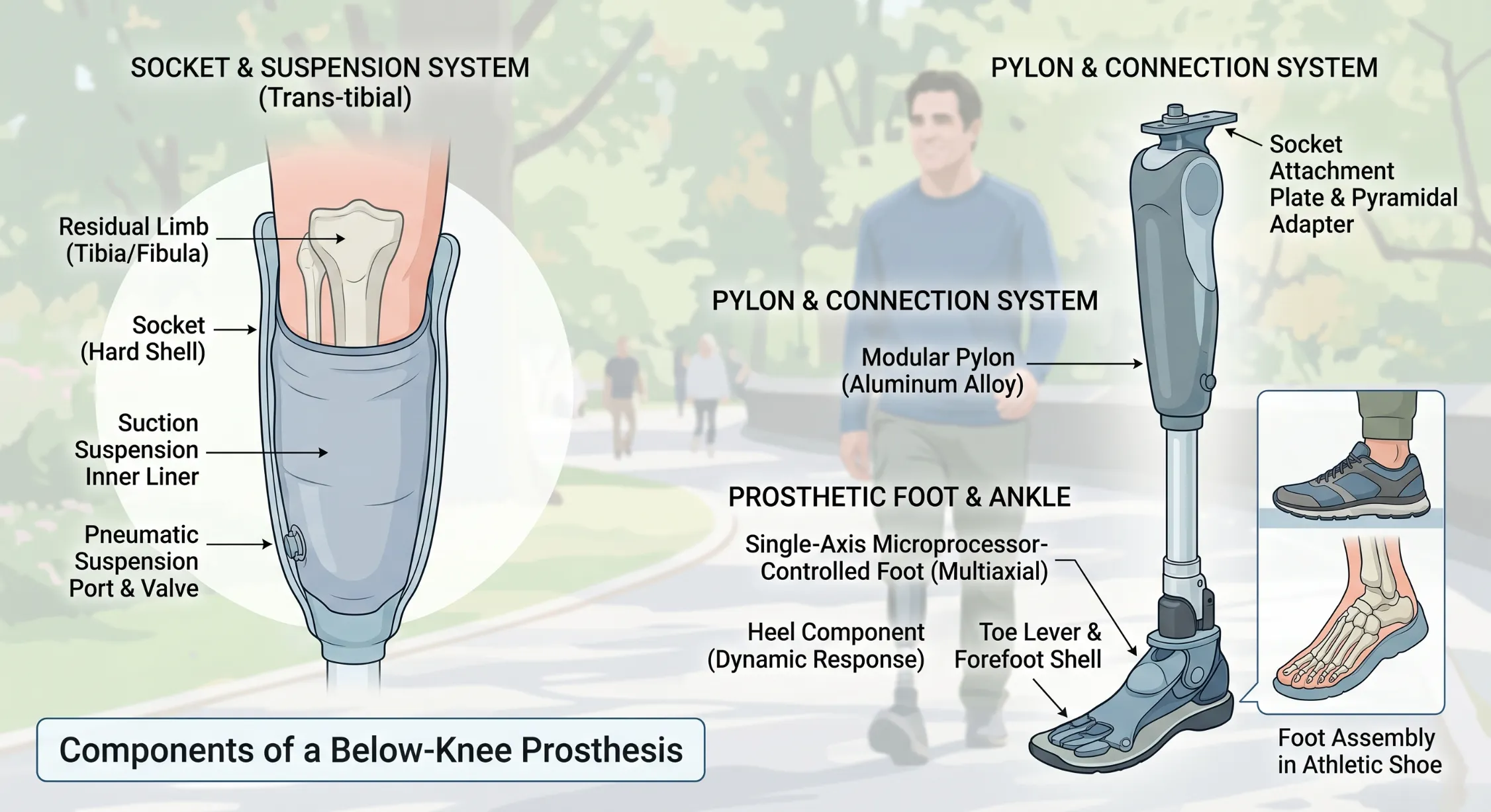 Diagram showing socket, suspension, pylon and foot of below knee prosthesis